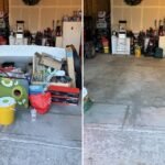 Garage before and after an Alpine Junk Removal cleanout, with the junk pile on the left and the cleared floor on the right